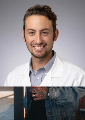 A composite image showing a man in a lab coat and a separate image of a tattooed hand.