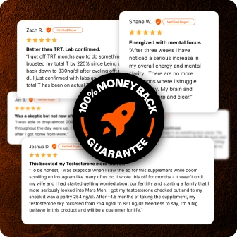 Text reviews overlapping with a '100% Money Back Guarantee' seal.