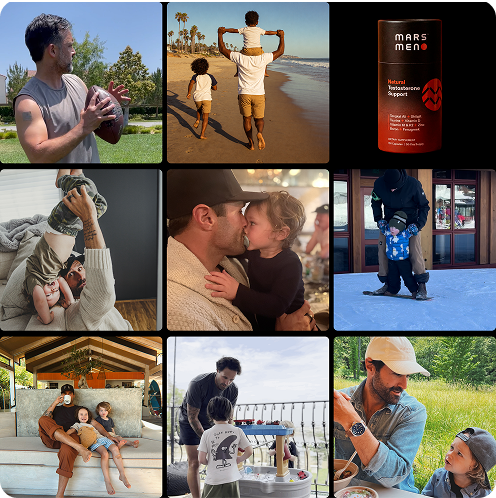 A photo collage of men with their children and a bottle of Mars Men testosterone support supplement.