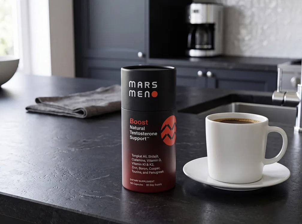 A bottle of Mars Men supplements sits on a kitchen counter next to a cup of coffee.