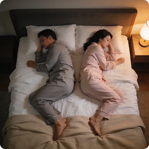 An overhead view of a man and a woman in pajamas sleeping back-to-back in a bed.