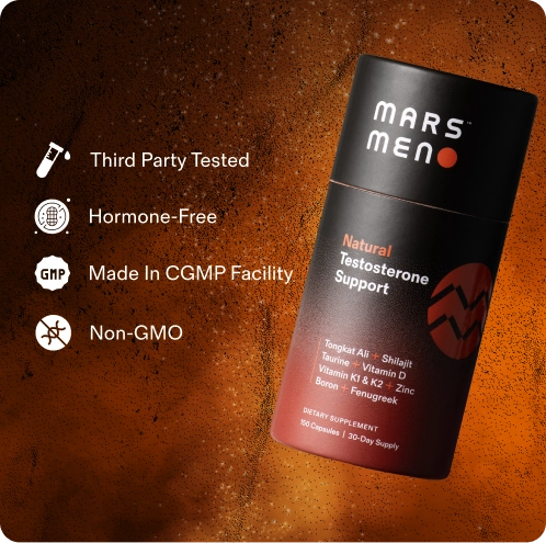 Supplement bottle with features: third-party tested, hormone-free, CGMP, non-GMO on textured background.