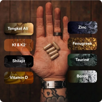 Hand holding capsules, surrounded by labels for various supplements such as Zinc, Fenugreek, and Shilajit.