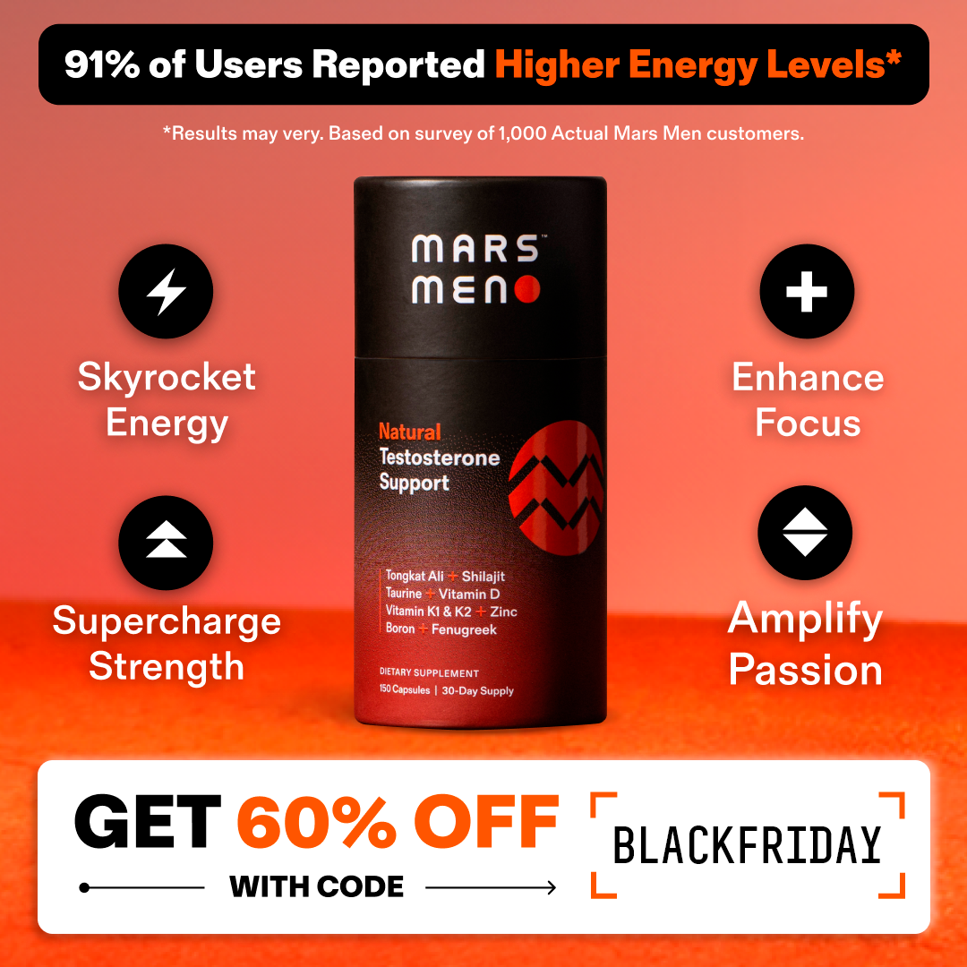 Mars Men product ad with testimonials and Black Friday discount offer.
