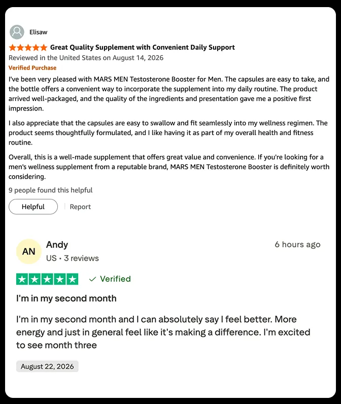 A screenshot of two positive customer reviews for a men's testosterone booster supplement.