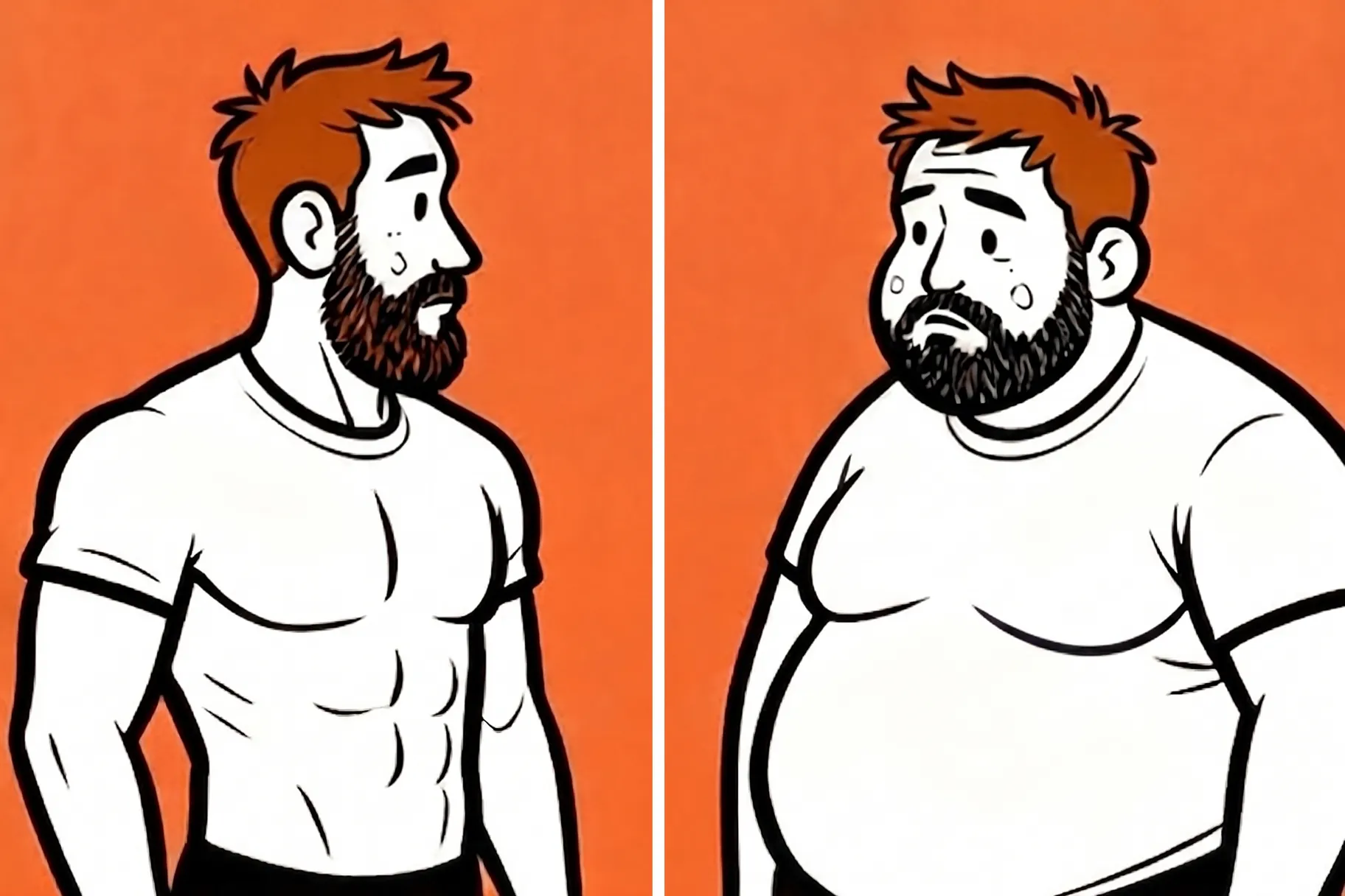 Two cartoon men, one muscular and one overweight, with red hair and beards, looking at each other.