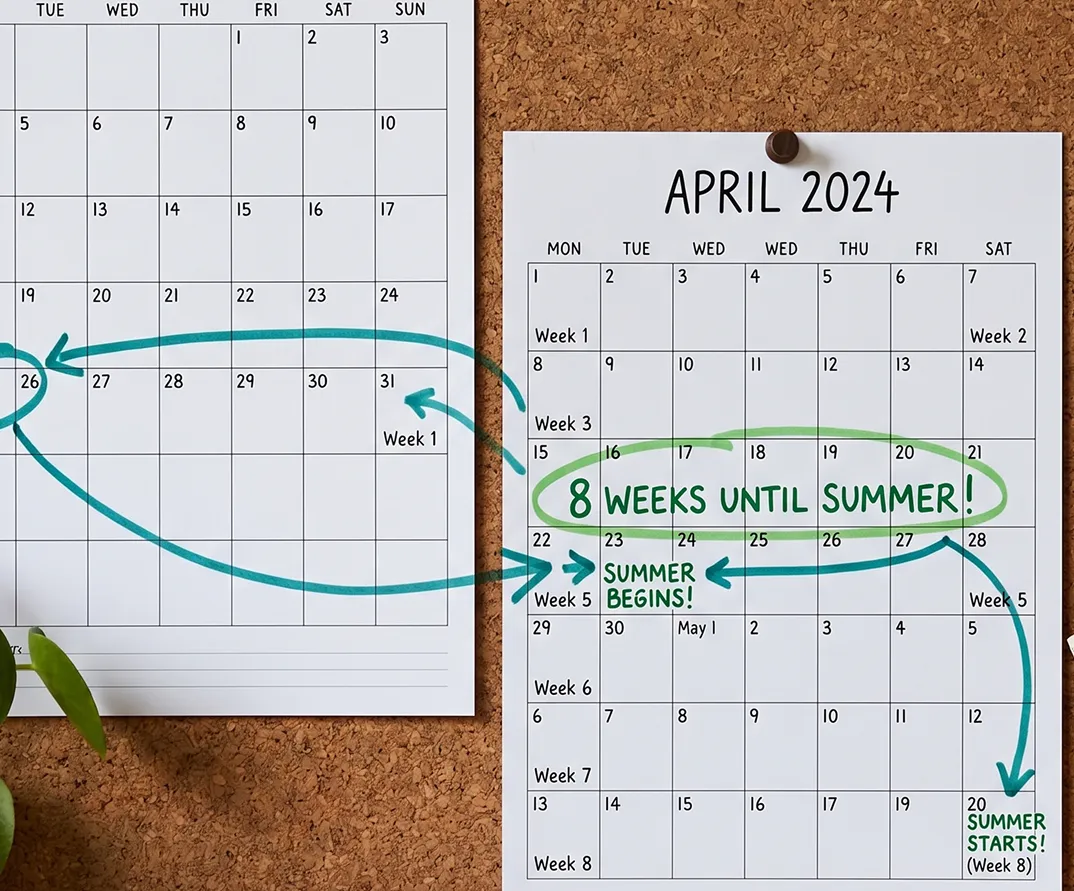 An April 2024 calendar on a corkboard with a hand-drawn countdown to summer.