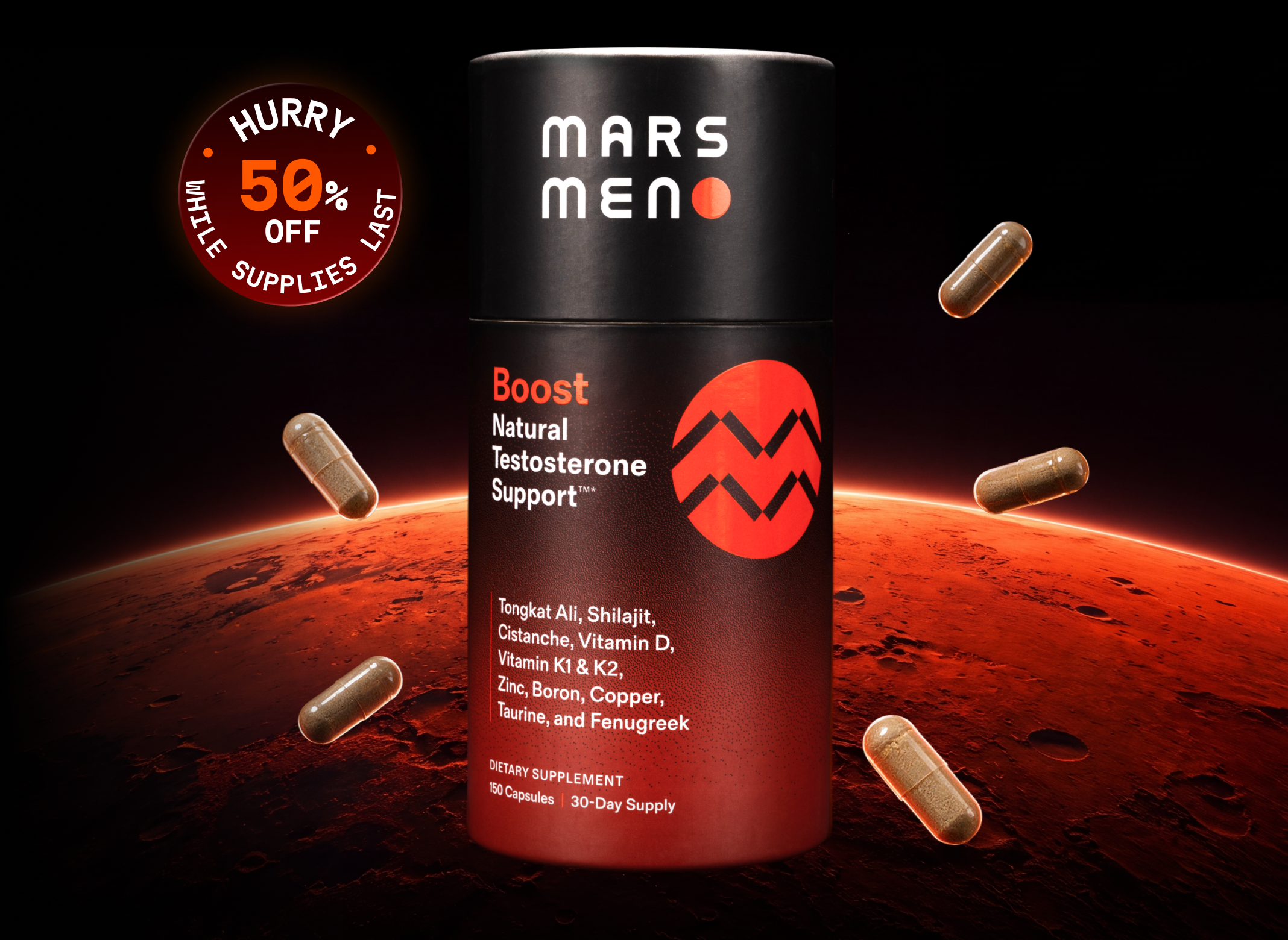 A bottle of Mars Meno Boost testosterone support supplement floating in space above the planet Mars.