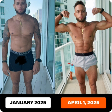 Before and after fitness transformation photo comparison, from January to April 2025.