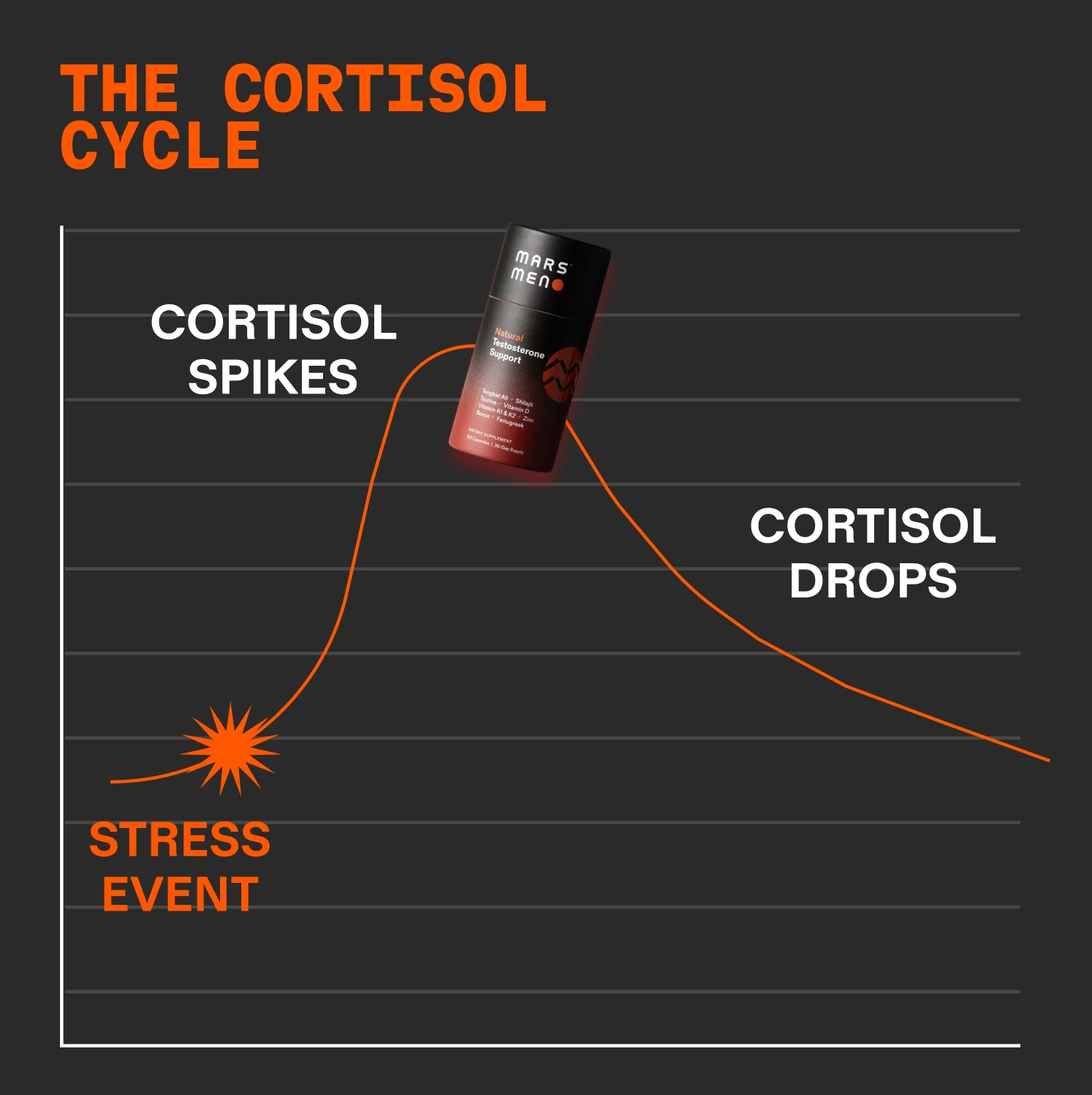 A chart illustrating the cortisol cycle, showing a cortisol spike and drop after a stress event, with a supplement.