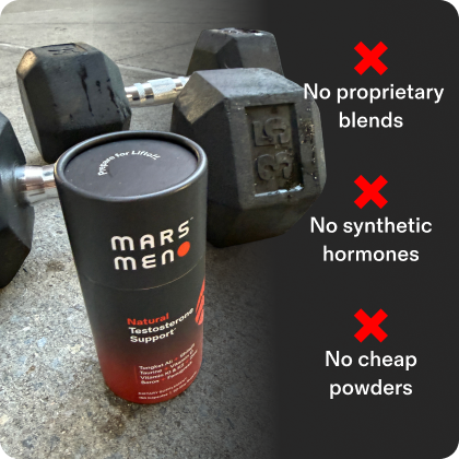 A bottle of Mars Men testosterone support supplement sits on a concrete floor next to two dumbbells.
