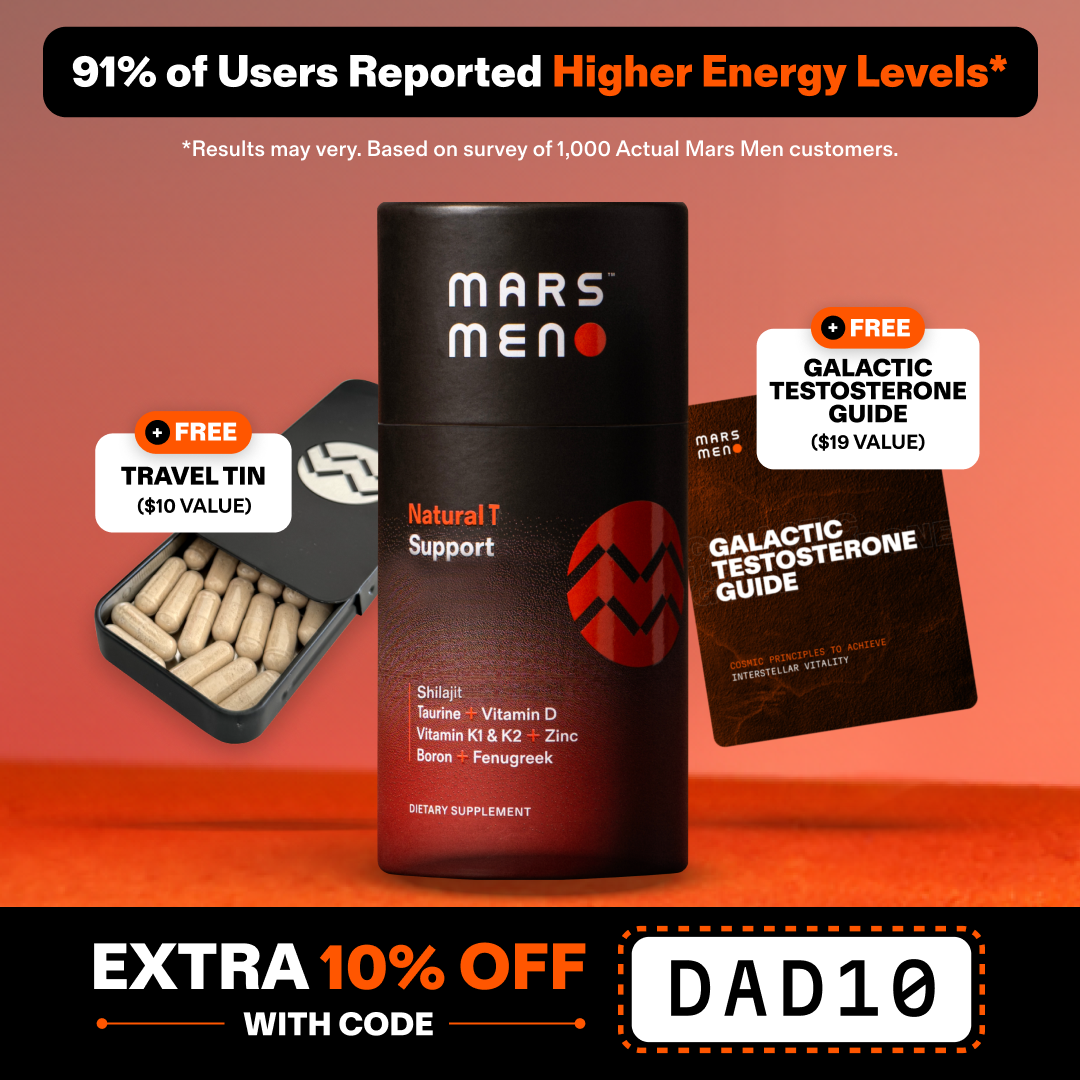 Mars Men supplement with travel tin and guide, offering 10% discount with code DAD10.
