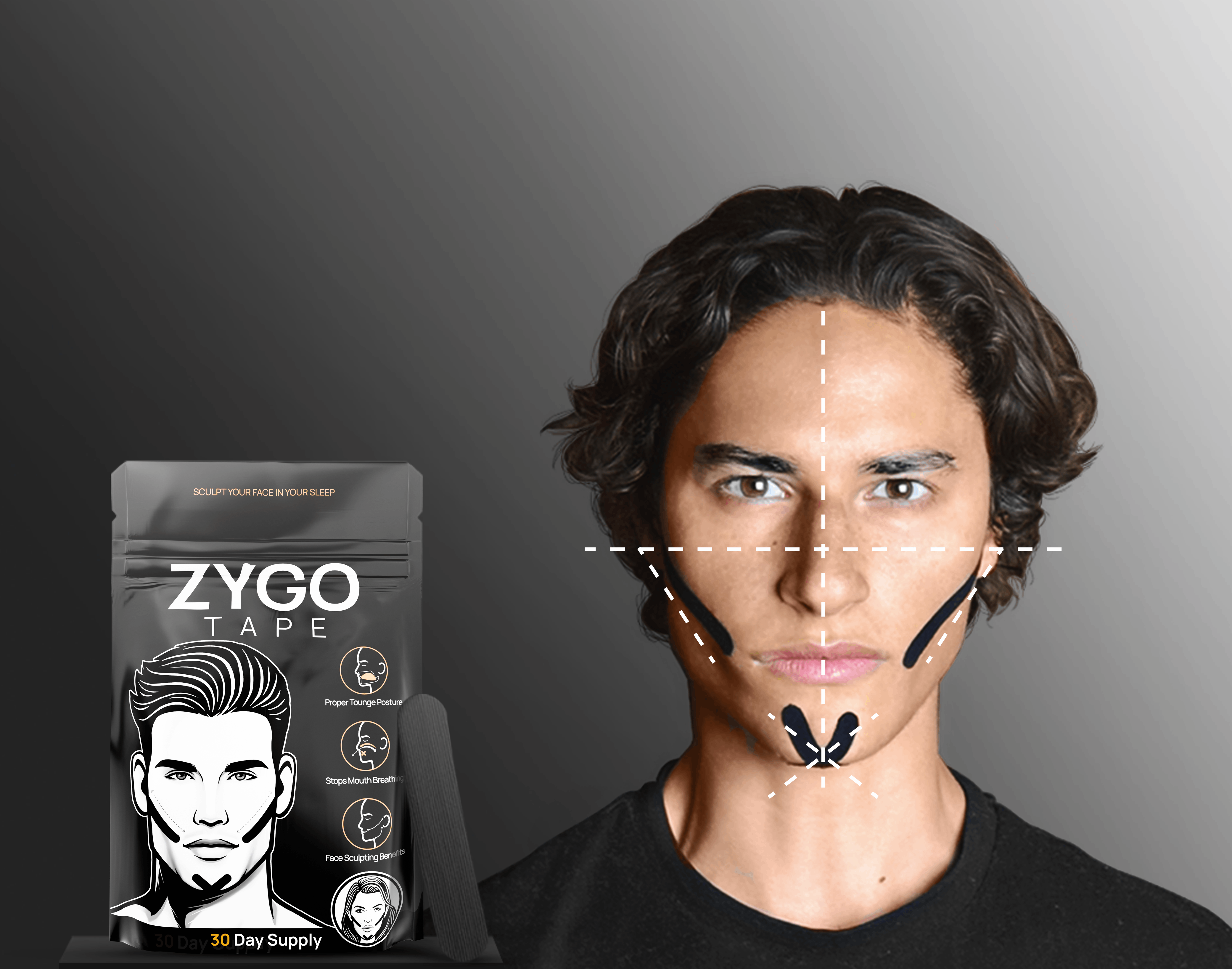 A man and woman with tape on their faces hold up packages of ZYGO sculpt tape.