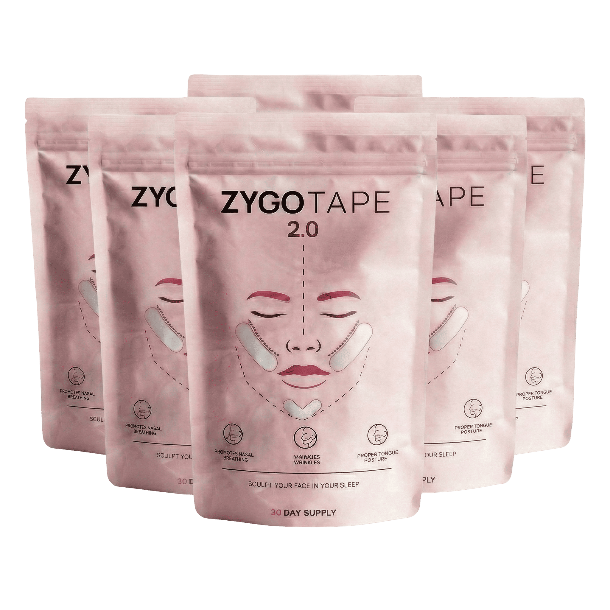 Five pink foil pouches of ZYGOTAPE 2.0 facial tape fanned out against a white background.