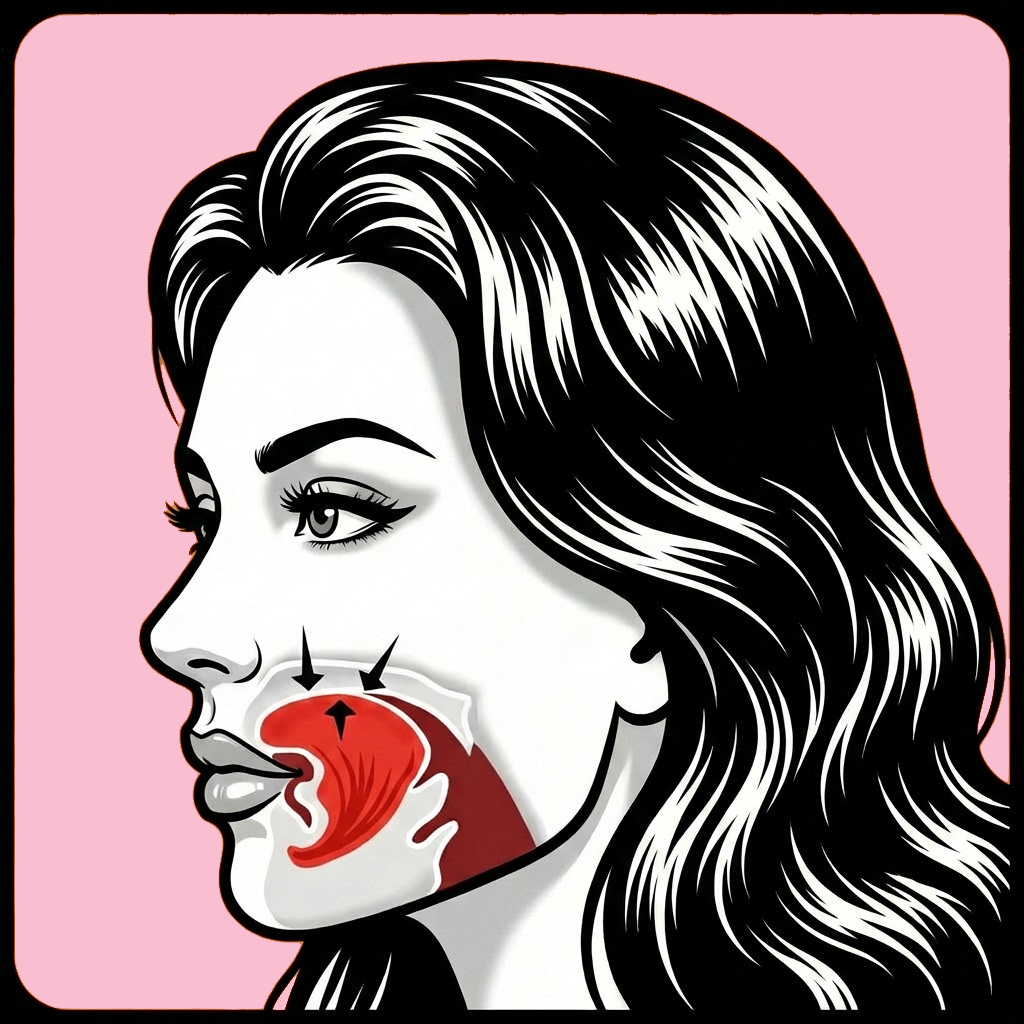 A stylized illustration showing a cutaway diagram of a woman's inner cheek and mouth against a pink background.
