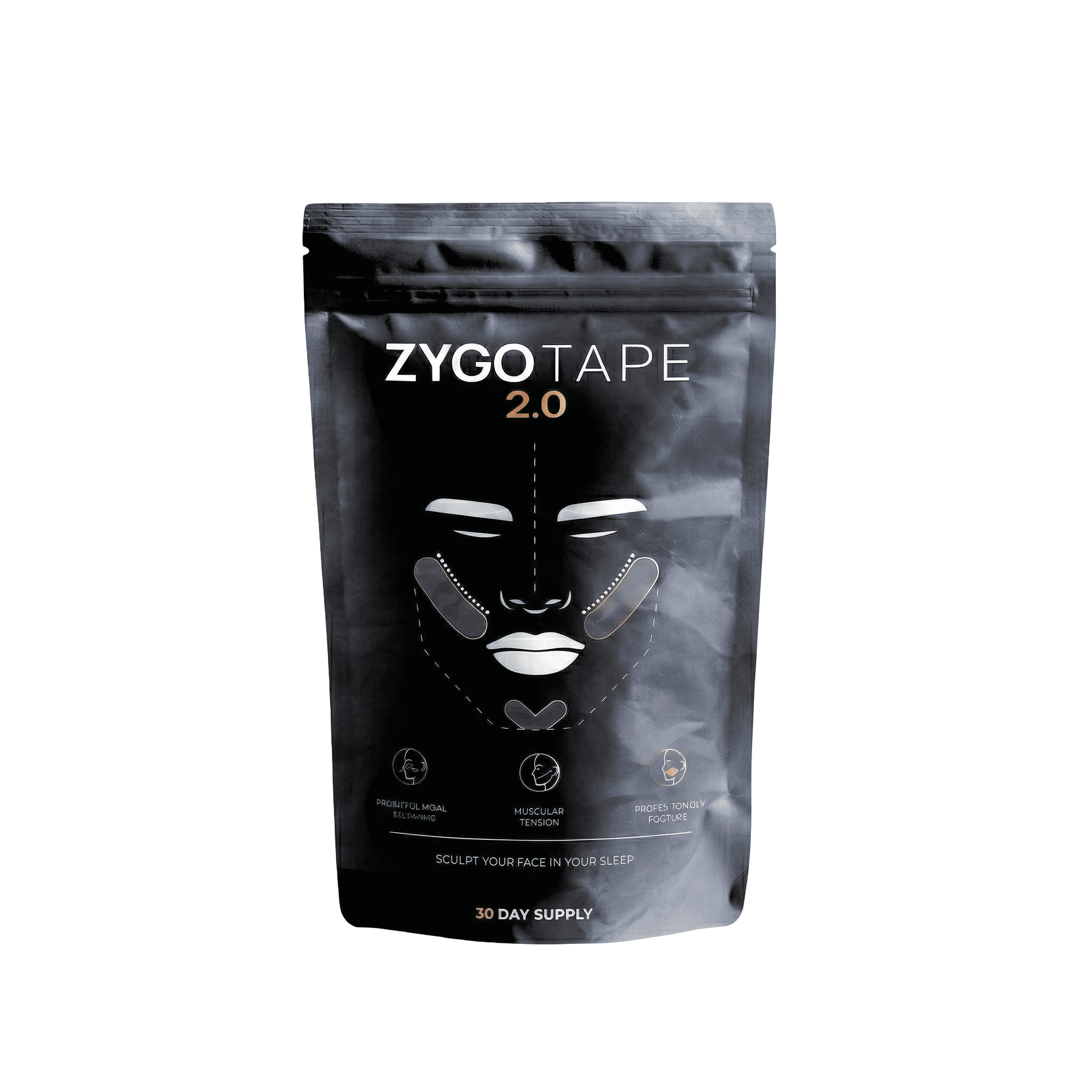 A black pouch of ZYGOTAPE 2.0 facial sculpting tape against a white background.