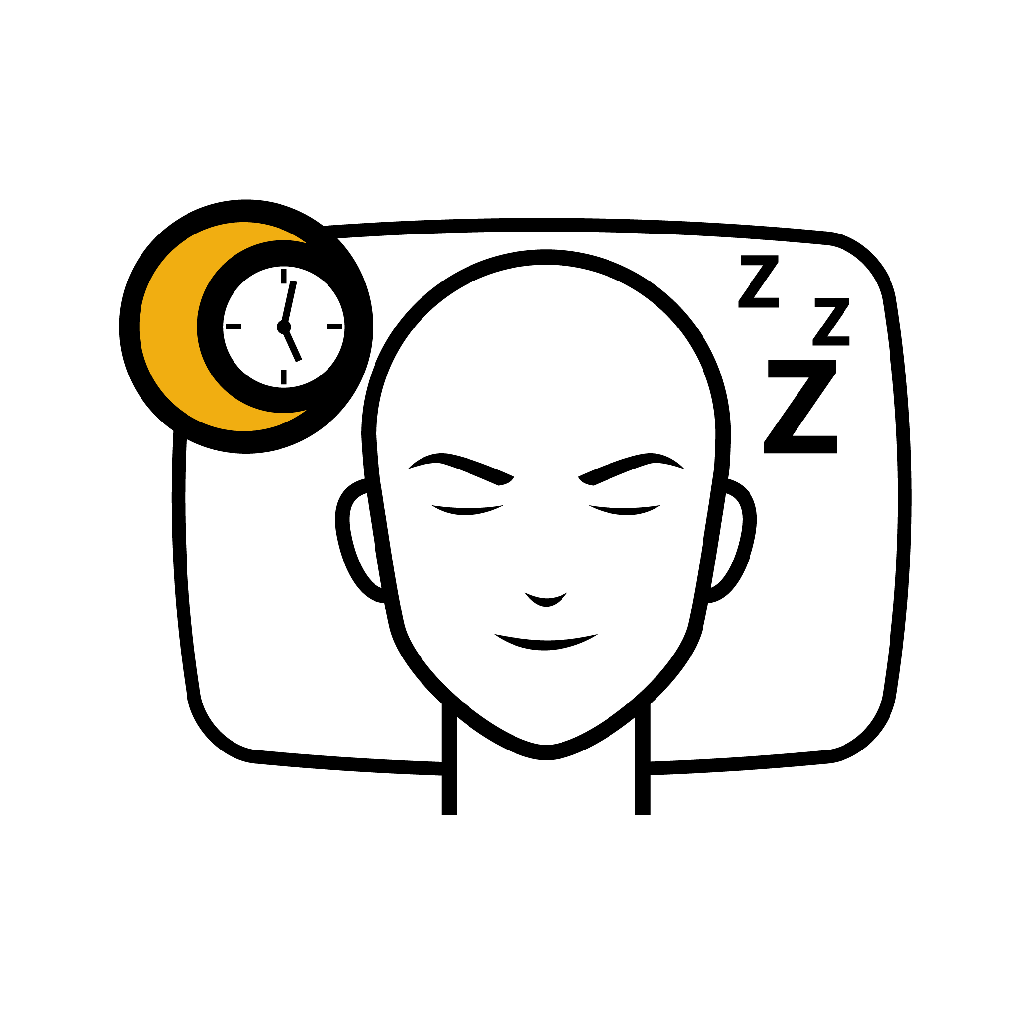 Yellow crescent moon with a clock face inside on a black background.