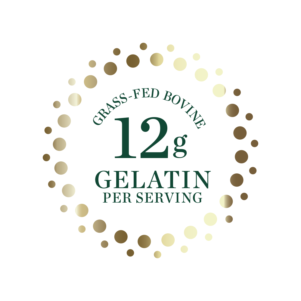 A graphic stating 'Grass-Fed Bovine, 12g Gelatin Per Serving' surrounded by a circle of gold dots.