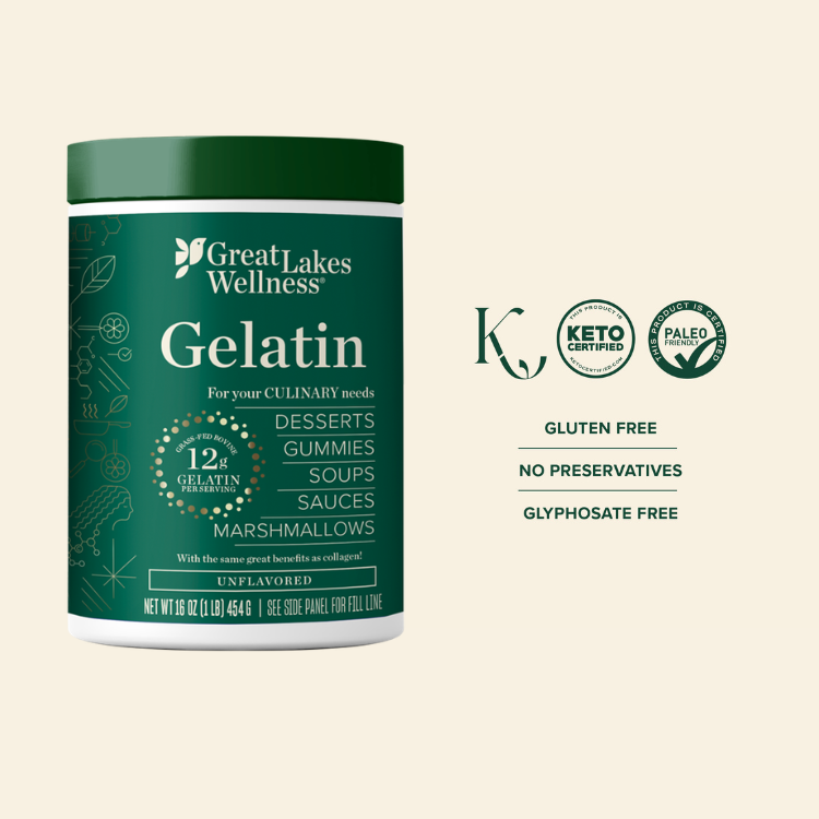 A green canister of Great Lakes Wellness Gelatin next to Keto, Paleo, and other certification claims.