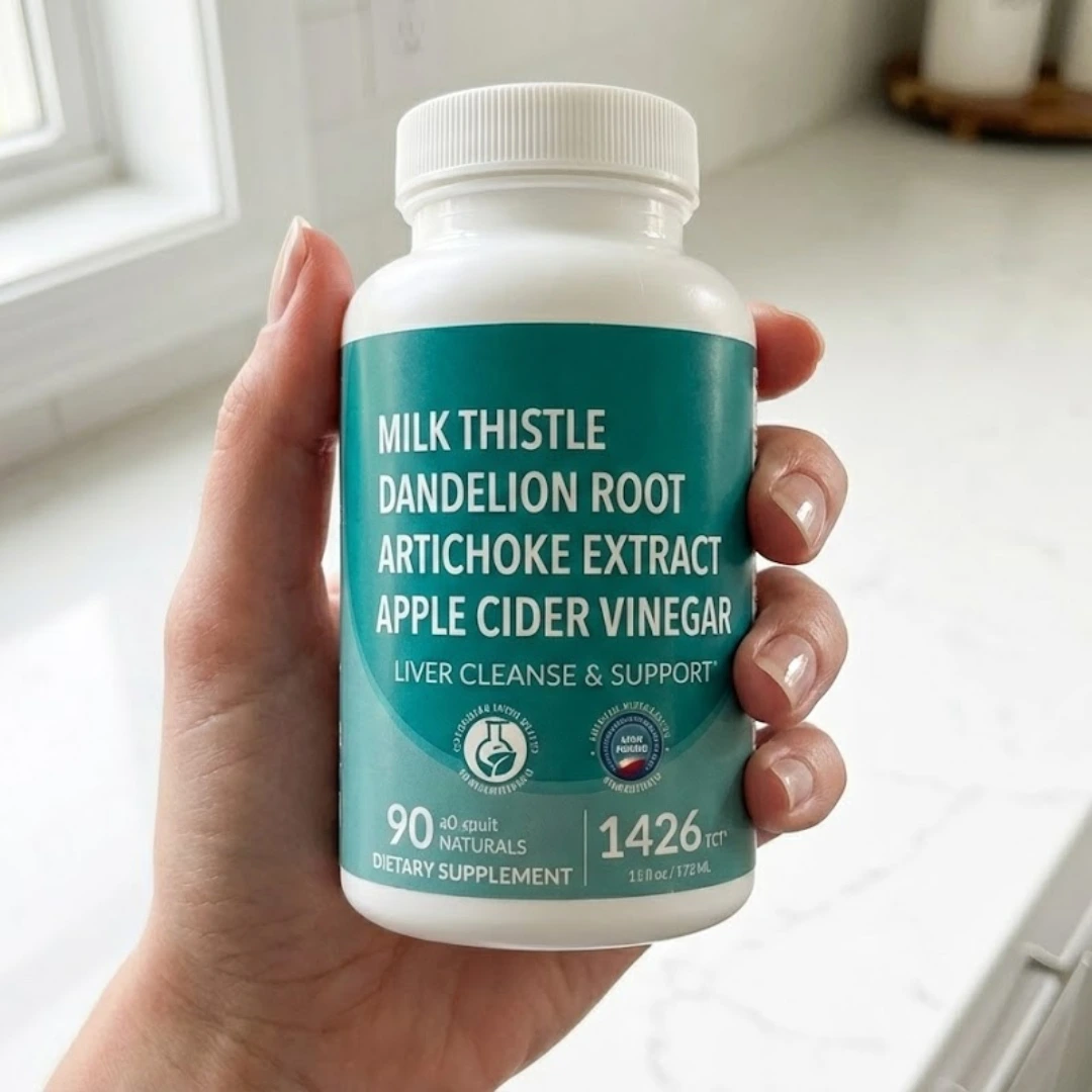 A hand holding a white bottle of Milk Thistle Dandelion Root dietary supplement for liver support.