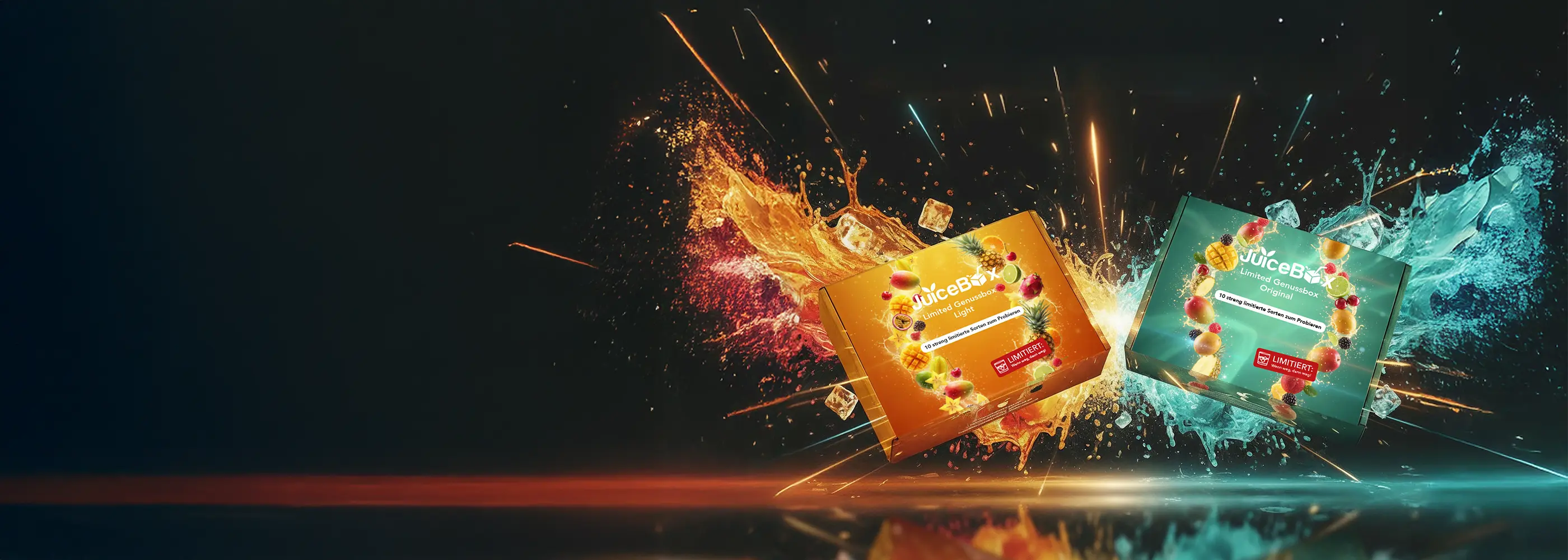 Two boxes with fruits and splashes of colorful liquids in a dark, cloudy background.