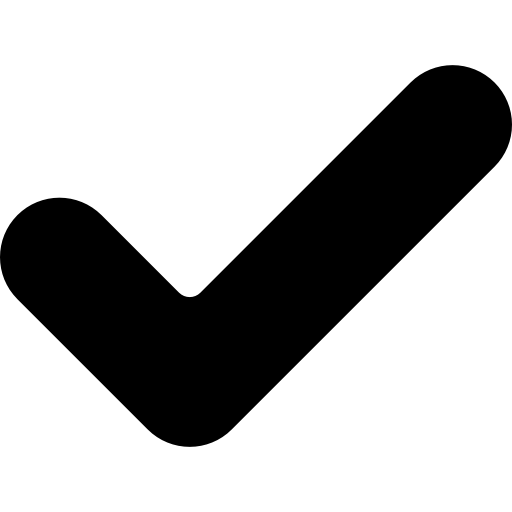 A bold, black checkmark icon with rounded corners on a white background.