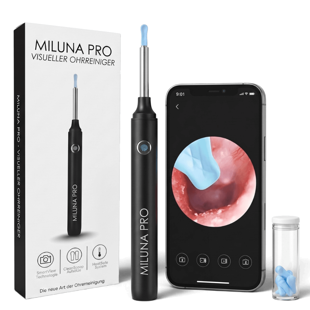 The MILUNA PRO visual ear cleaner kit, including the device, box, and a smartphone showing the camera's view.