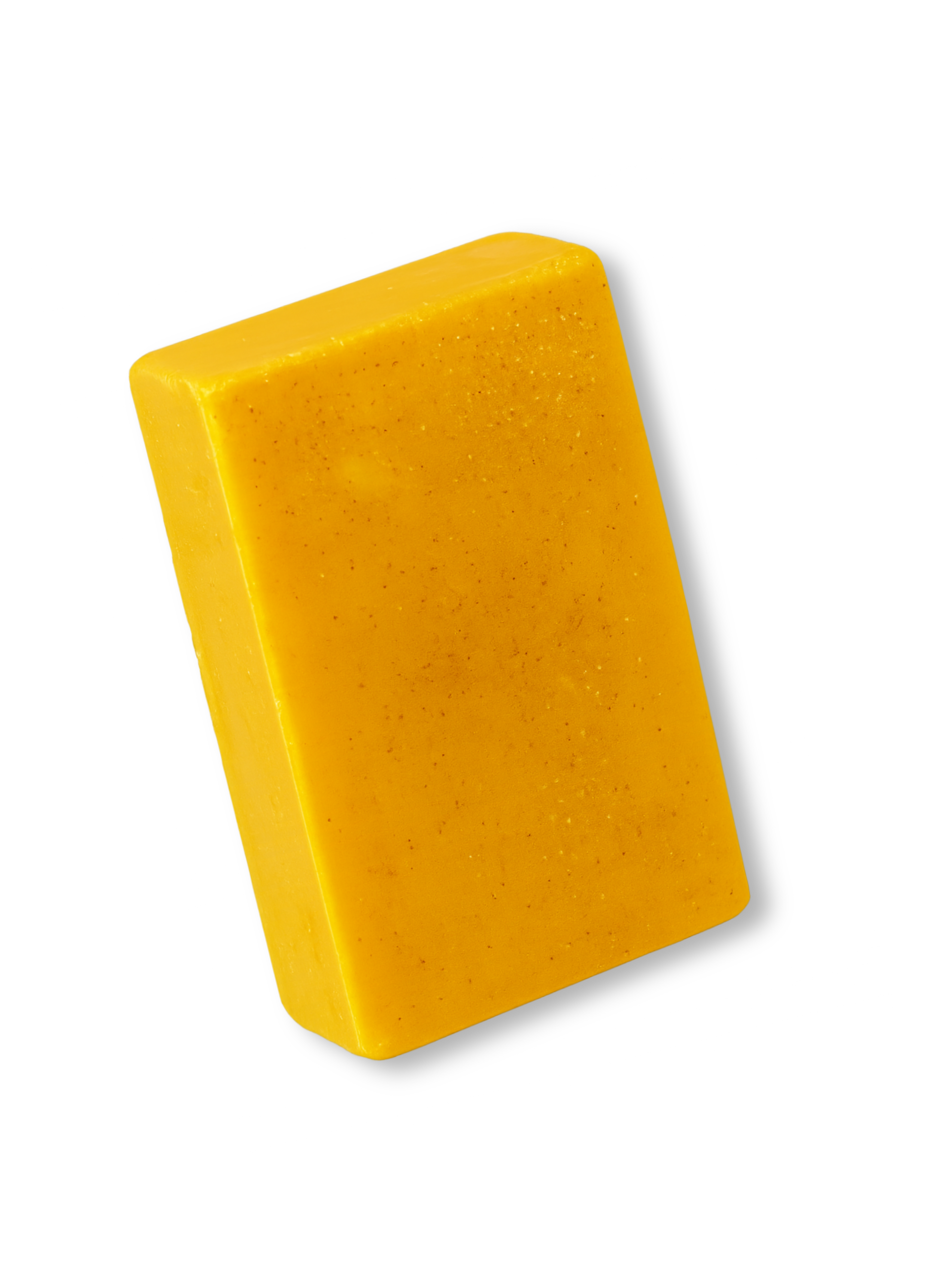 A rectangular block of yellow soap on a plain background.