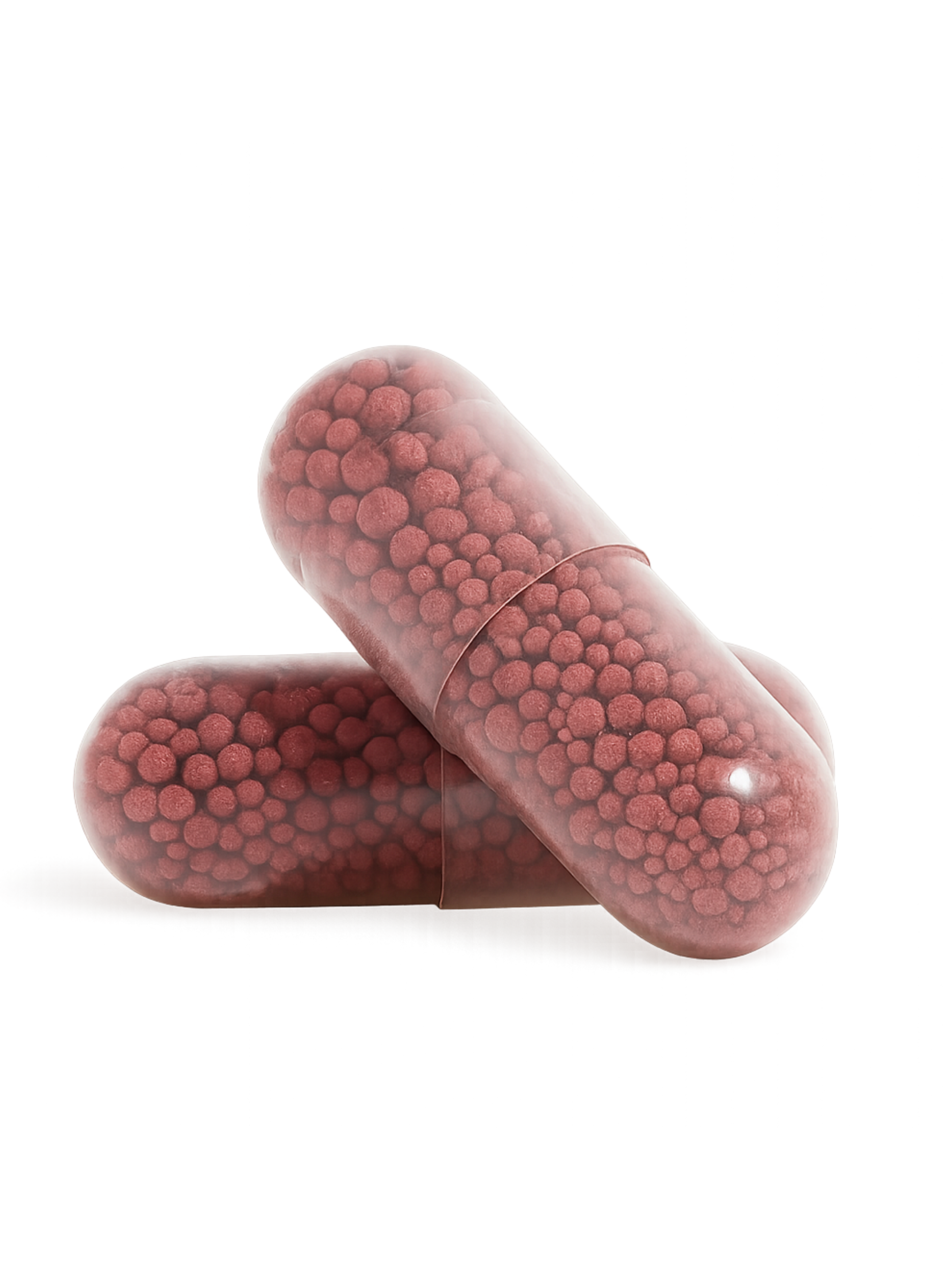 Two transparent capsules filled with small red spheres.