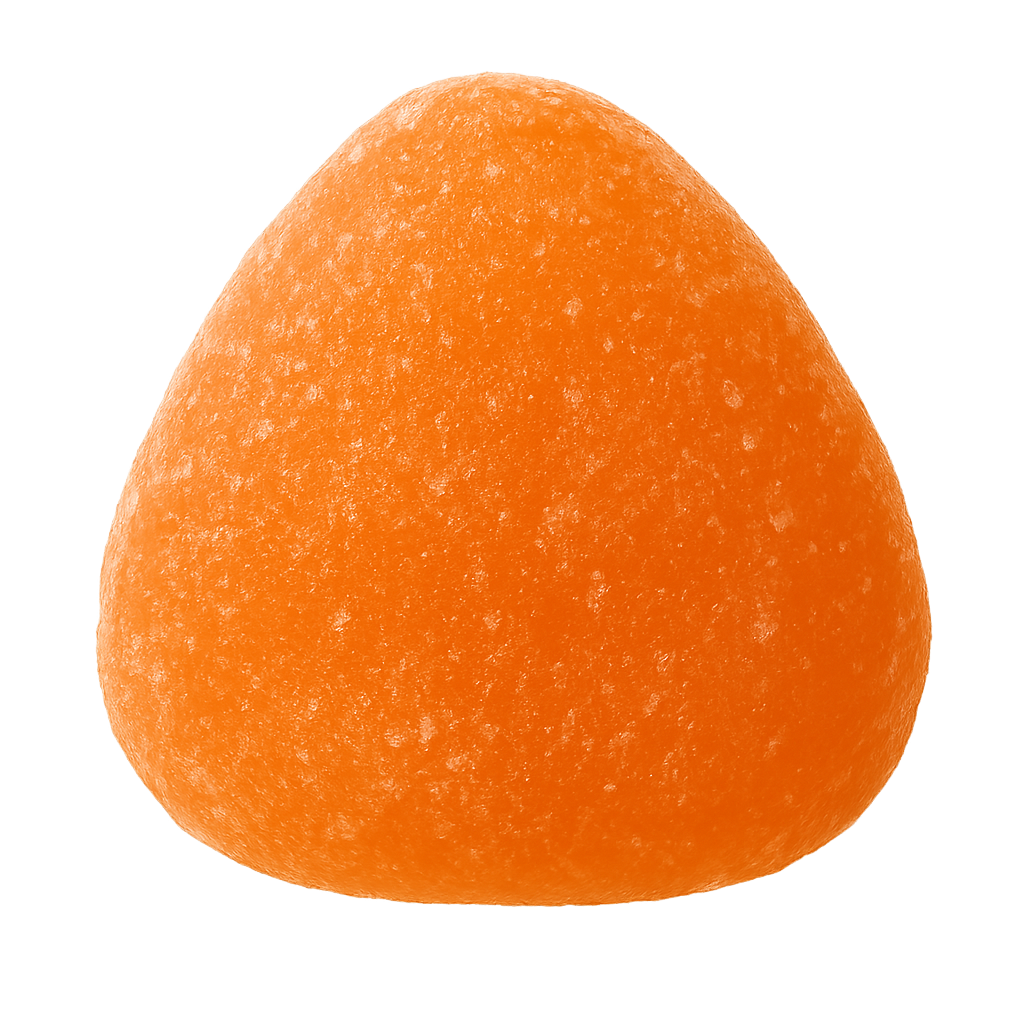 Close-up of an orange sugar-coated candy with a glowing background.