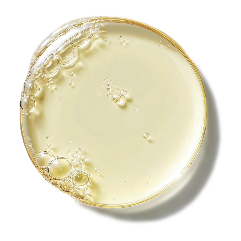 Close-up of a transparent liquid with bubbles on a white background.