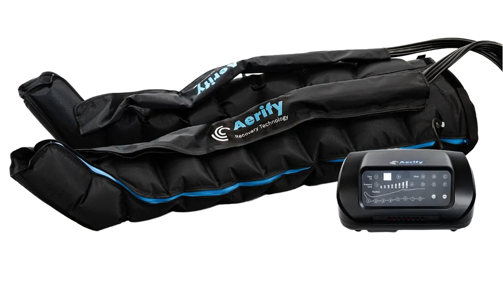 Black compression leg sleeves with a control unit, labeled 'Aerify Recovery Technology.'