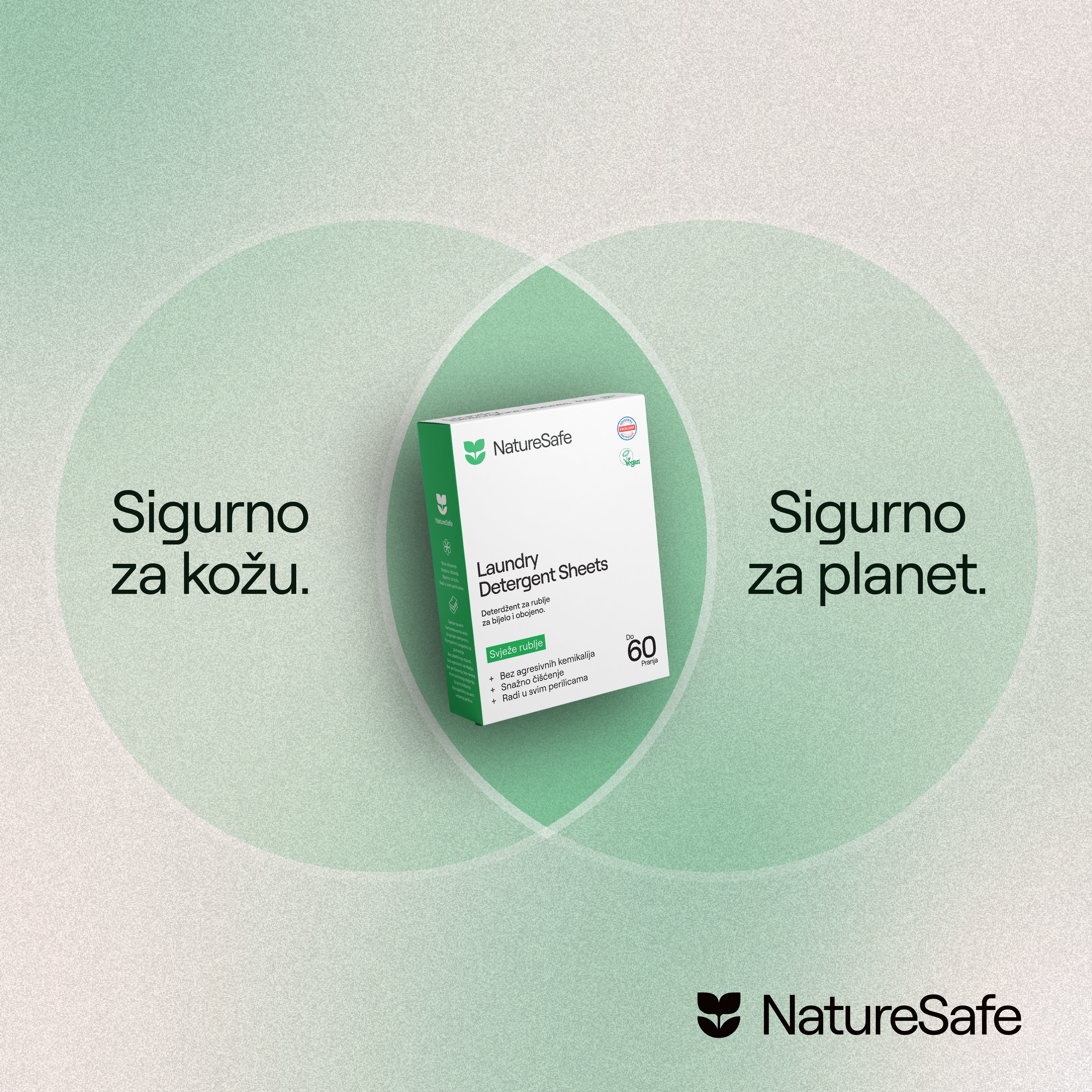NatureSafe Laundry Detergent Sheets packaging with eco-friendly and skin-safe text in Serbian.