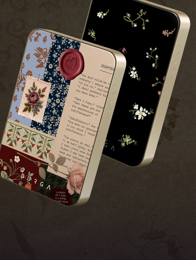 Two phones with vintage-style cases featuring floral patterns, book text, and a red wax seal.