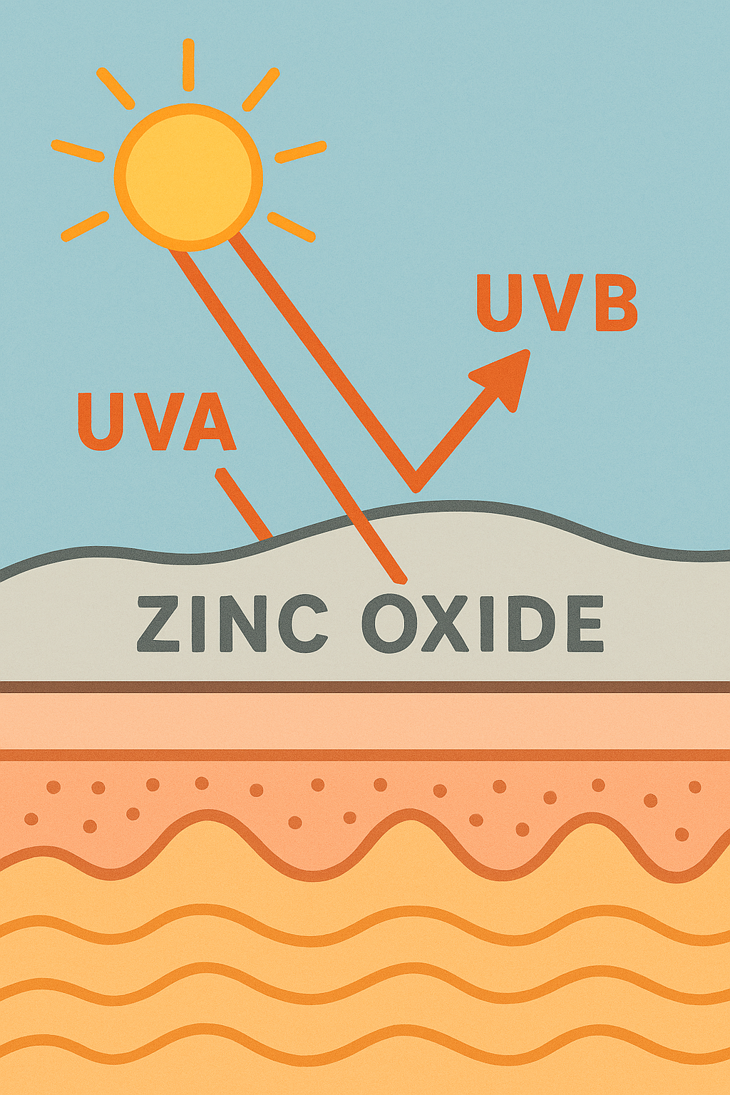Illustration of zinc oxide blocking UVA and UVB rays from the sun.