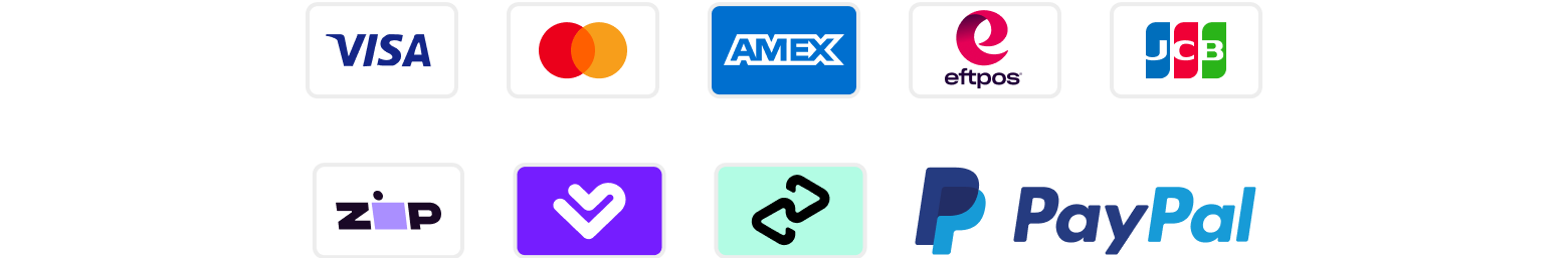 Different payment method logos including Visa, Mastercard, Amex, and PayPal.