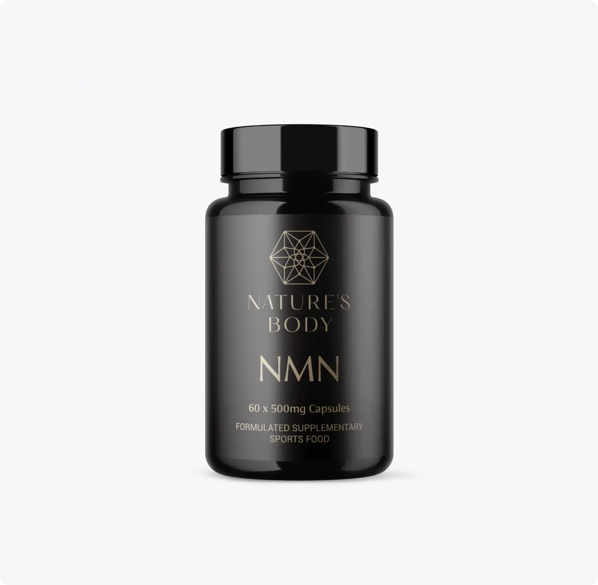 Black bottle of Nature's Body NMN capsules, 60 x 500mg.