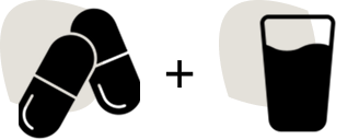 Pill icon next to a glass of water illustration.