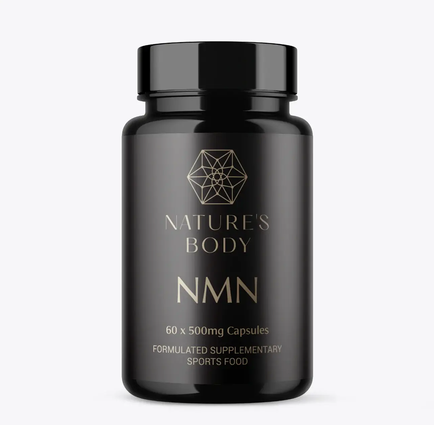 Black bottle labeled 'Nature's Body NMN' with geometric design.
