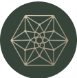 A geometric pattern with interconnected lines forming shapes on a dark green background.
