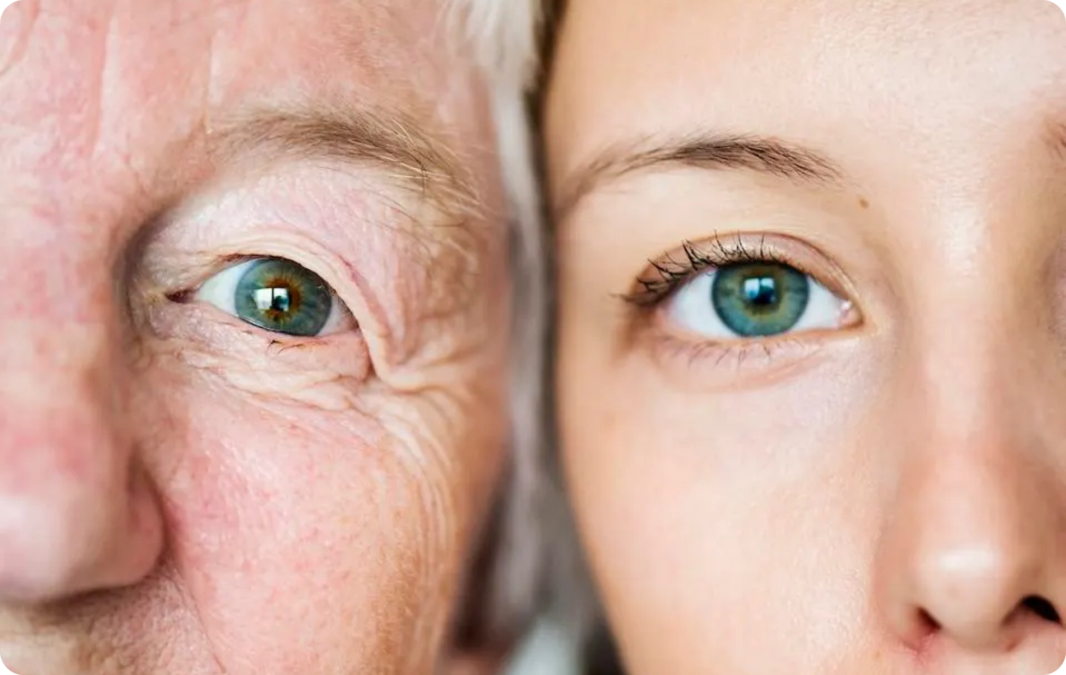 Close-up of older and younger person's eyes side by side.