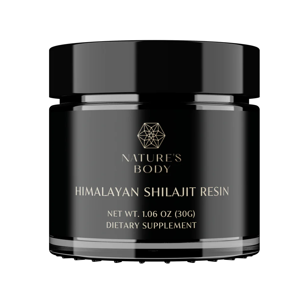 Black jar labeled 'Himalayan Shilajit Resin' dietary supplement.