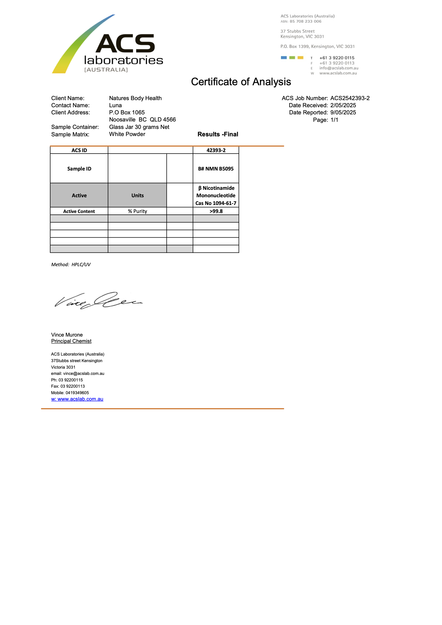 Certificate of Analysis from ACS Laboratories with test results and signature.