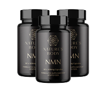 Three black bottles of Nature's Body NMN supplements.