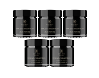 Five black jars with gold text and logo on a white background.