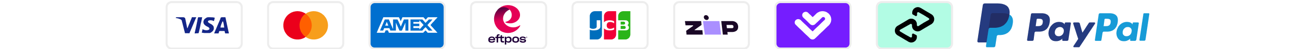 Payment method logos including Visa, Mastercard, Amex, and PayPal displayed in a row.