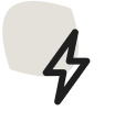 Abstract icon with a speech bubble and lightning bolt.