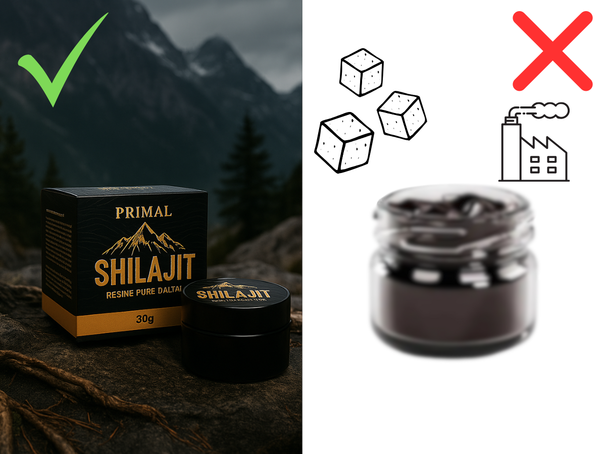 Shilajit product packaging with mountain background, sugar cubes, factory icon, and a jar.