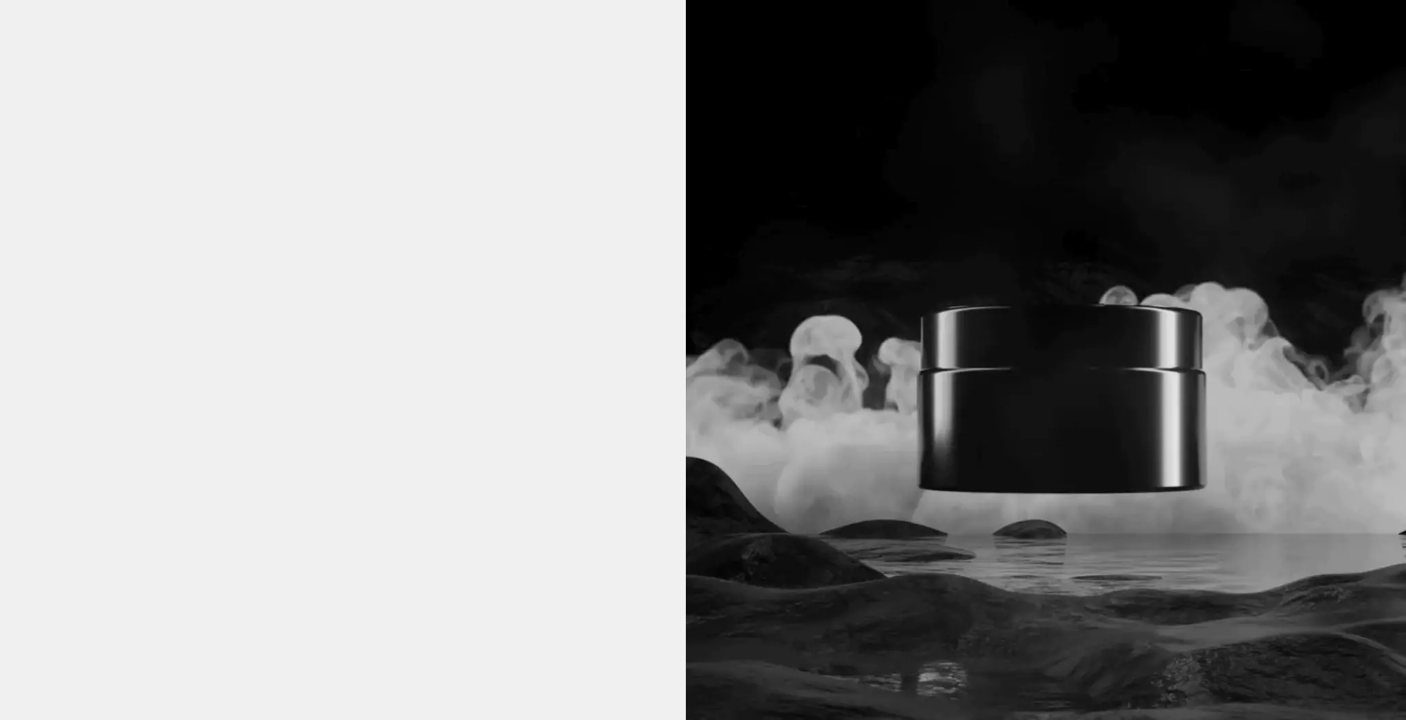Black cylindrical object with smoke and water reflection on a dark background.