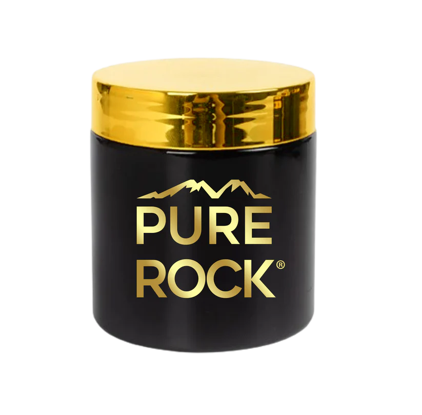 Black container with gold lid and 'PURE ROCK' text.